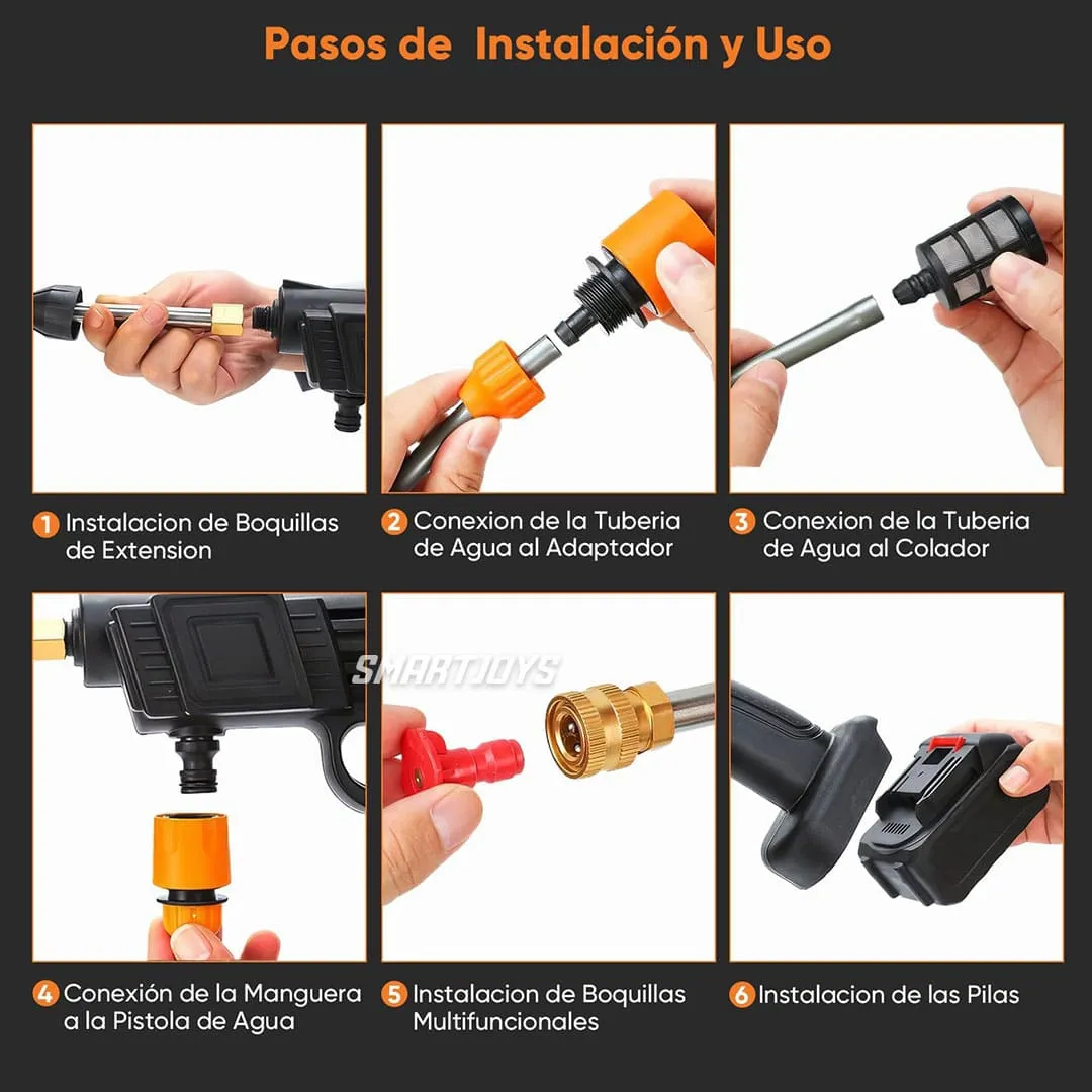 Hidrolavadora Portátil Inalámbrica 48V 2 Baterías – Boquilla 6 en 1 Incorporada